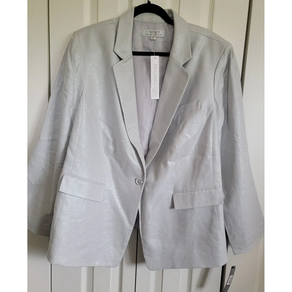 Tahari Arthur Levine Silver Glaze Linen Blend Blazer Jacket 18W NWT‎ RV $285